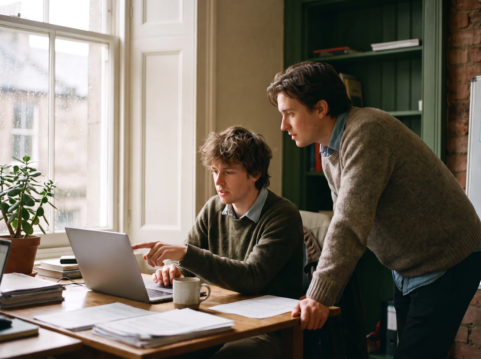 Two colleagues working through an assessment together at a desk